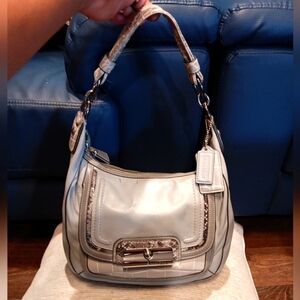 Coach Kristin White Gray Leather Snakeskin Detail Zipper Closure Shoulder Bag